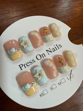 3D Pastel Star & Heart Press-On Nails in Peach, Blue, Yellow - large
